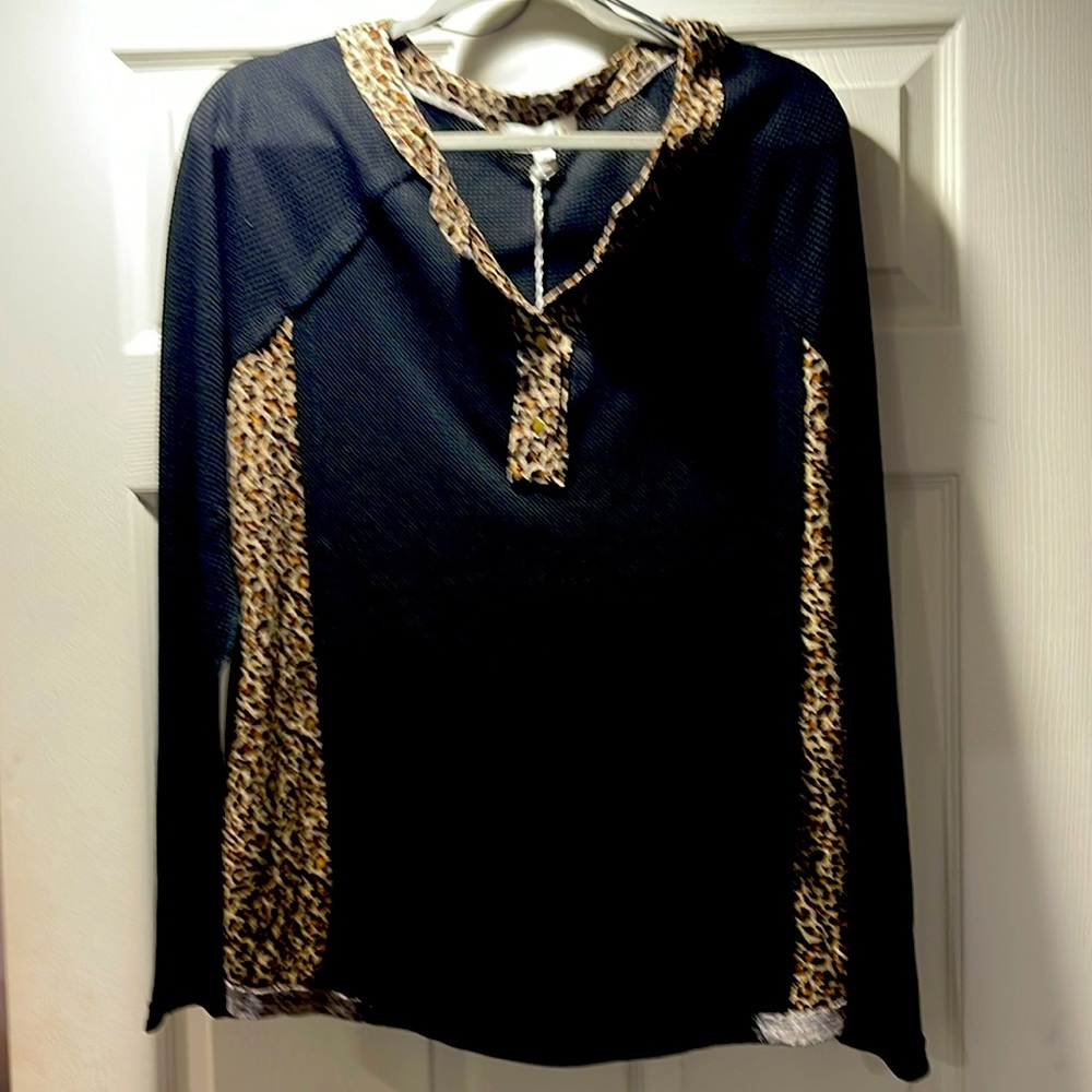 Umgee+ black and leopard waffle knit long sleeve top